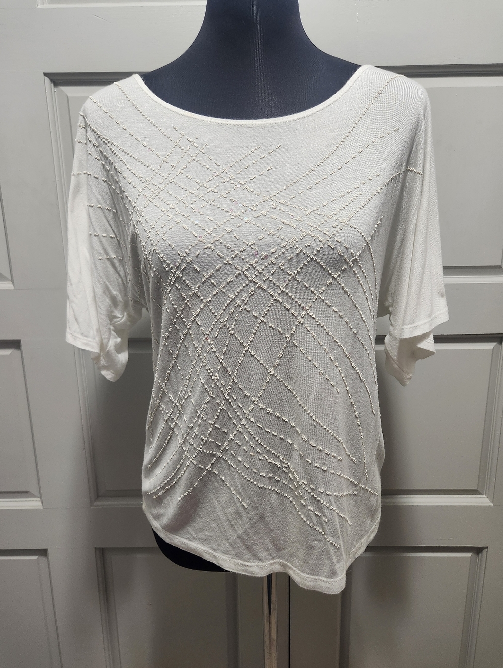 Bleeker & McDougal Short Sleeved Top Women's Medium Beaded Sequins White